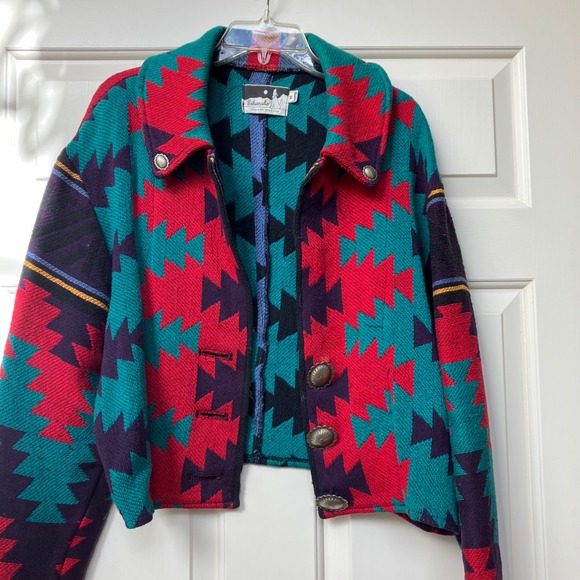 Silverado Southwestern Jacket Women's Medium Red Teal Geometric blanket Cotton - Picture 7 of 13